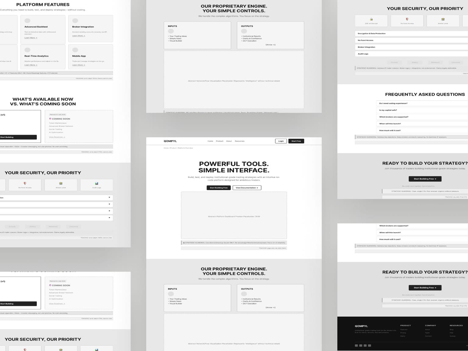 Qompyl product page — low-fidelity wireframe
