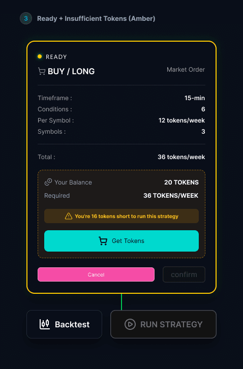 Order box — insufficient state with token shortfall warning