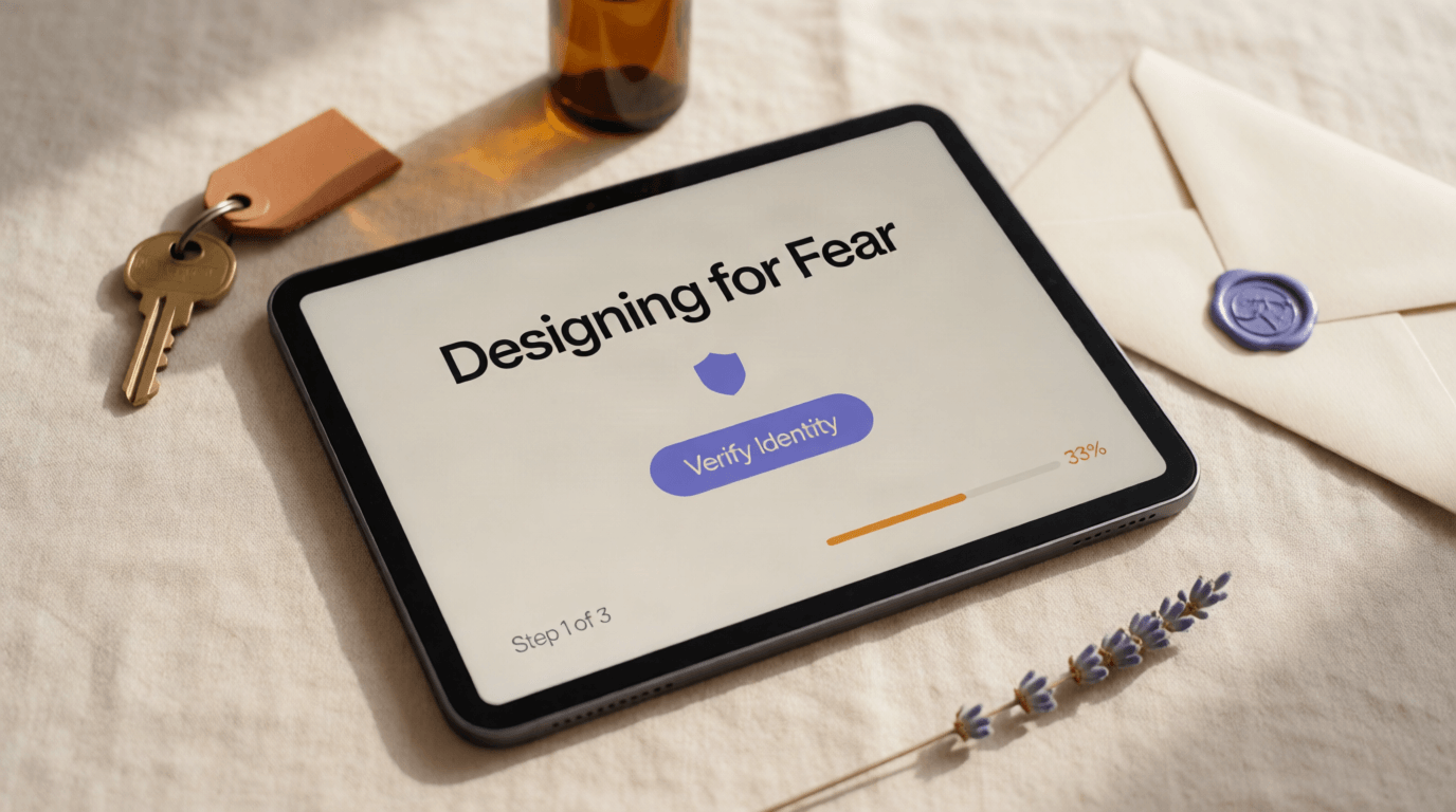 Designing for Fear: Trust-First KYC Onboarding Tablet on warm linen showing a fintech KYC verification screen with a violet 'Verify Identity' button, shield icon, and 33% progress bar — surrounded by trust symbols: a brass key, a wax-sealed envelope, and dried lavender.