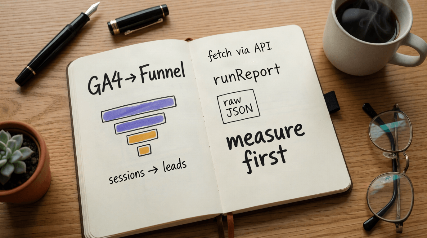 GA4 Data API: The Measurable Designer's Notebook Open cream notebook on a light oak desk with hand-drawn GA4 funnel sketch, the 'runReport' API endpoint, 'raw JSON' notes, and 'measure first' motto — the visual blueprint for pulling GA4 data into a Nuxt dashboard.