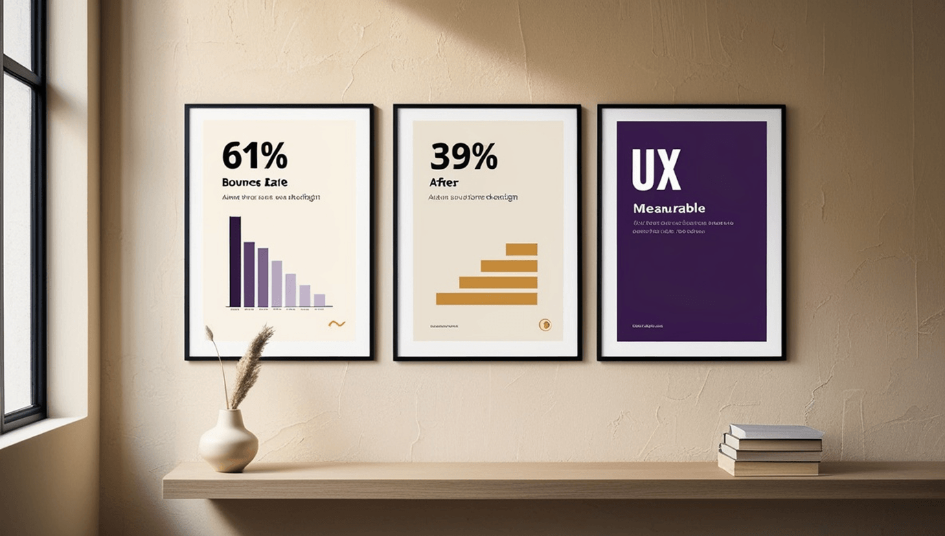 Measurable UX: From 61% to 39% Bounce Rate Three framed posters showing measurable UX metrics: 61% bounce rate, 39% after redesign, and a Measurable UX label — evidence that proof-first design beats animation.