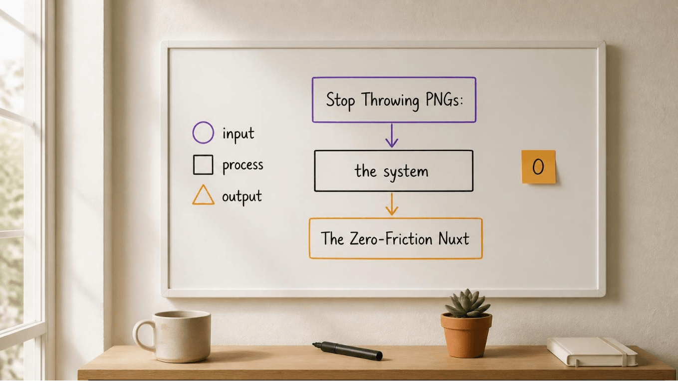 Zero-Friction Design Handoff Split screen showing Figma design on left with 4 states and Nuxt 3 code on right