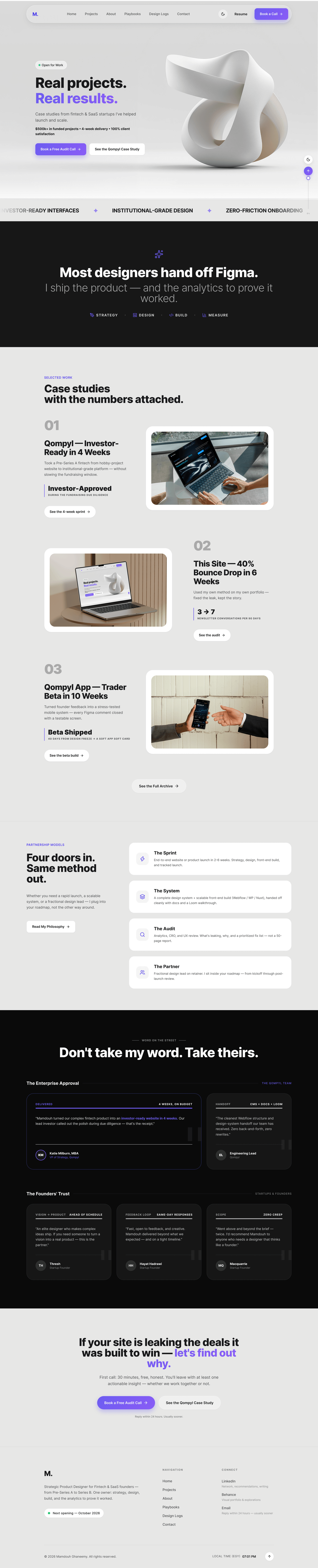 New portfolio homepage — metric-led hero with proof above the fold